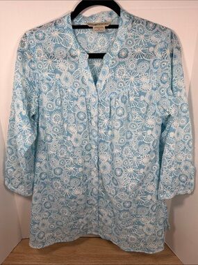 Ex Officio Light Blue Floral Button-Front Tunic Top